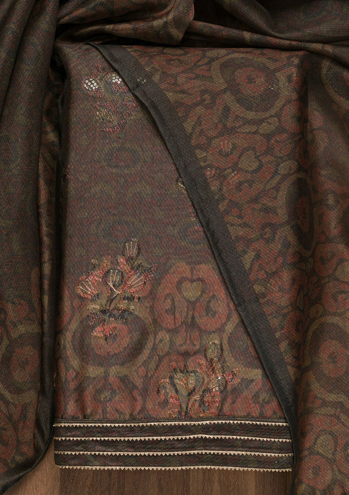 Grey Threadwork Chanderi Unstitched Salwar Suit-Koskii