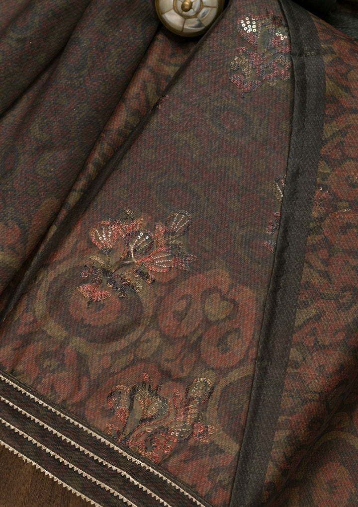 Grey Threadwork Chanderi Unstitched Salwar Suit-Koskii