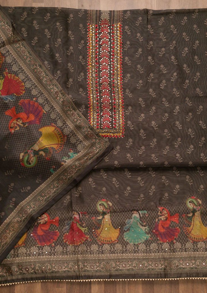 Grey Threadwork Chanderi Unstitched Salwar Suit-Koskii