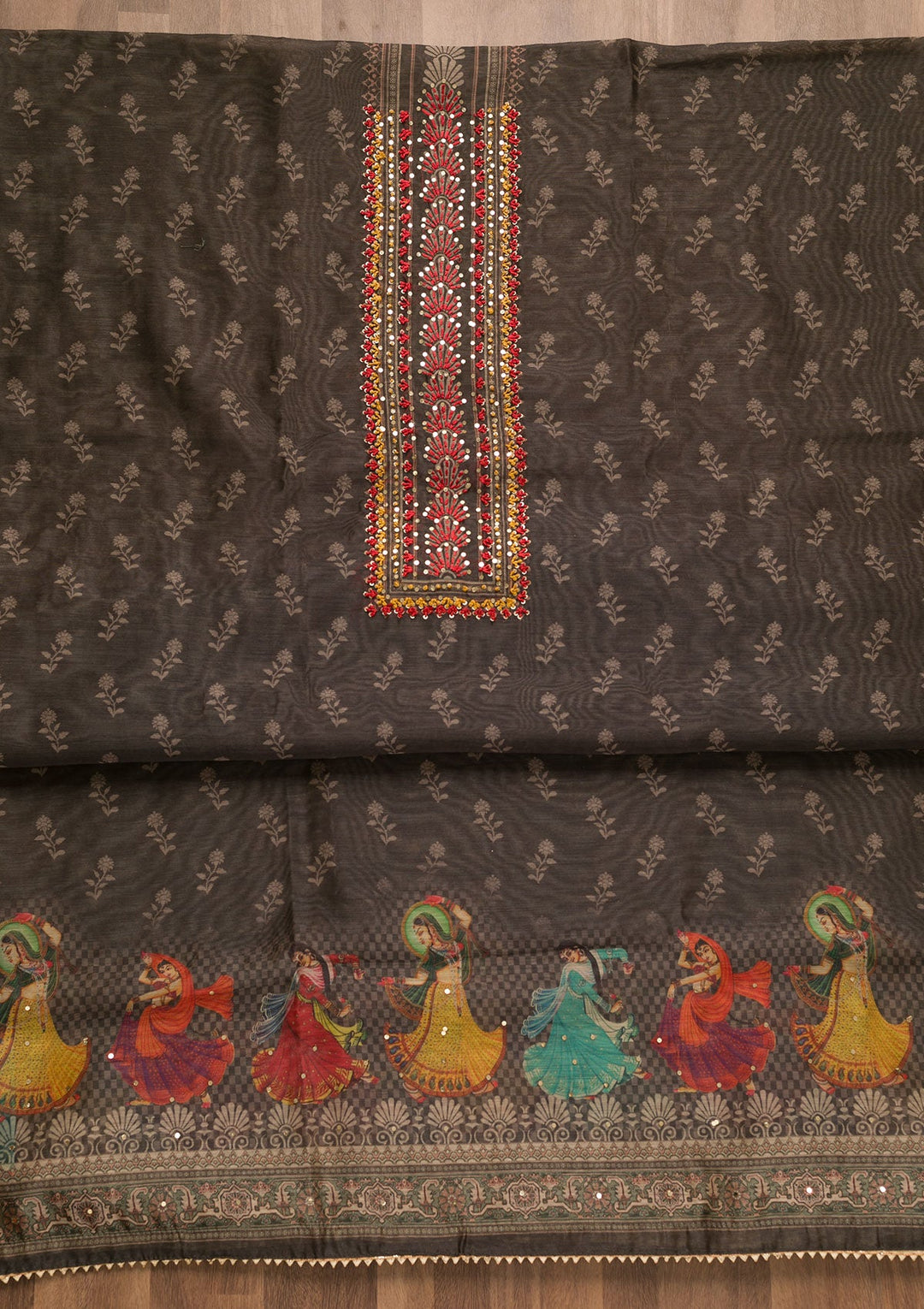 Grey Threadwork Chanderi Unstitched Salwar Suit-Koskii