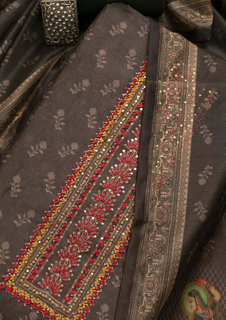 Grey Threadwork Chanderi Unstitched Salwar Suit-Koskii