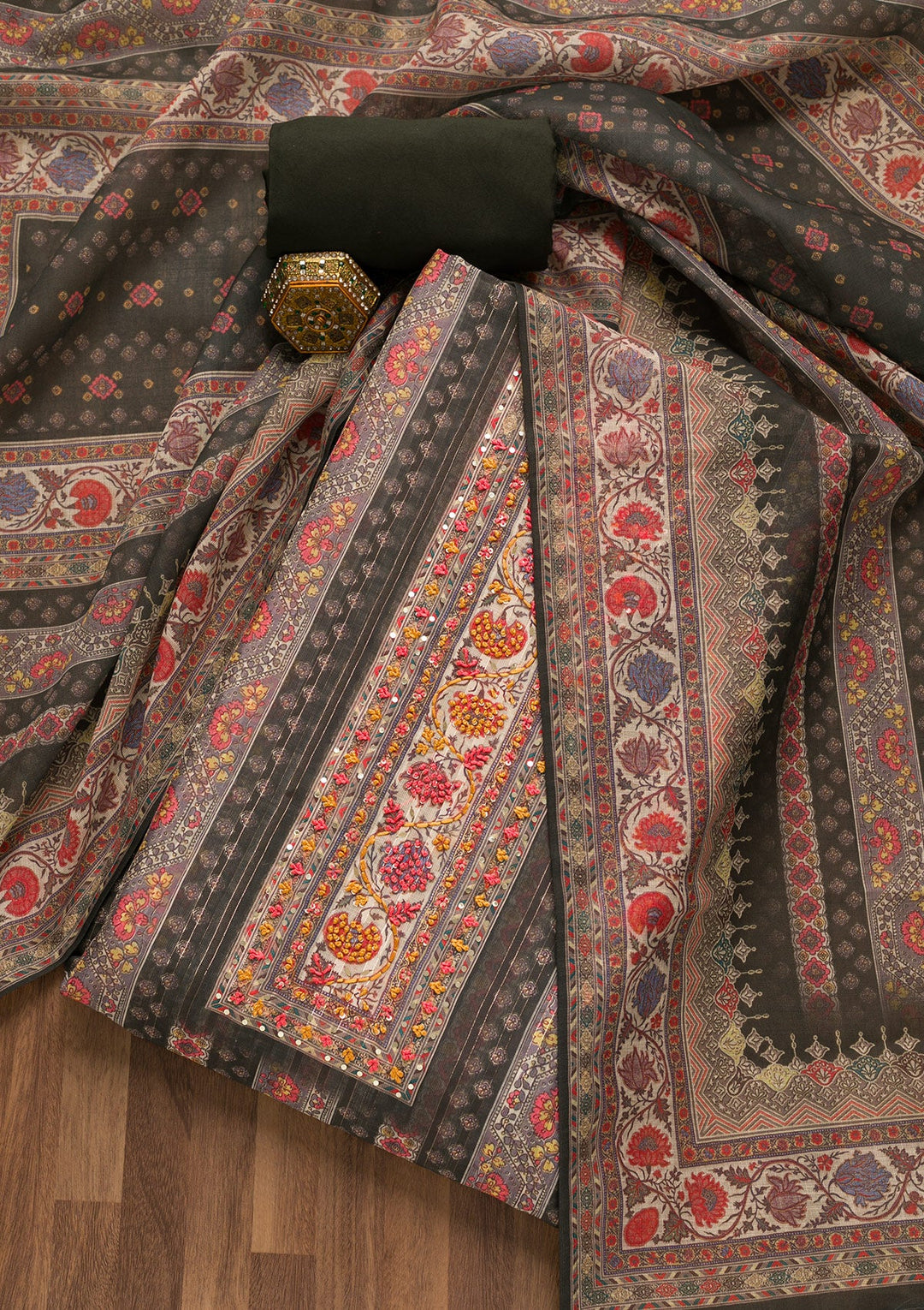 Grey Threadwork Chanderi Unstitched Salwar Suit-Koskii