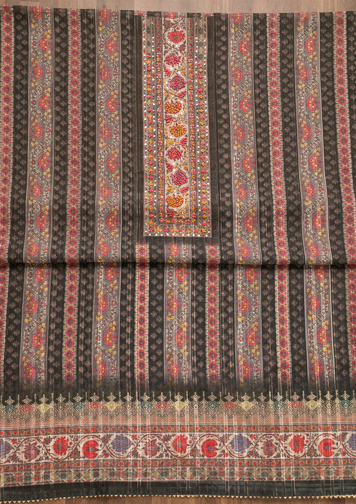 Grey Threadwork Chanderi Unstitched Salwar Suit-Koskii