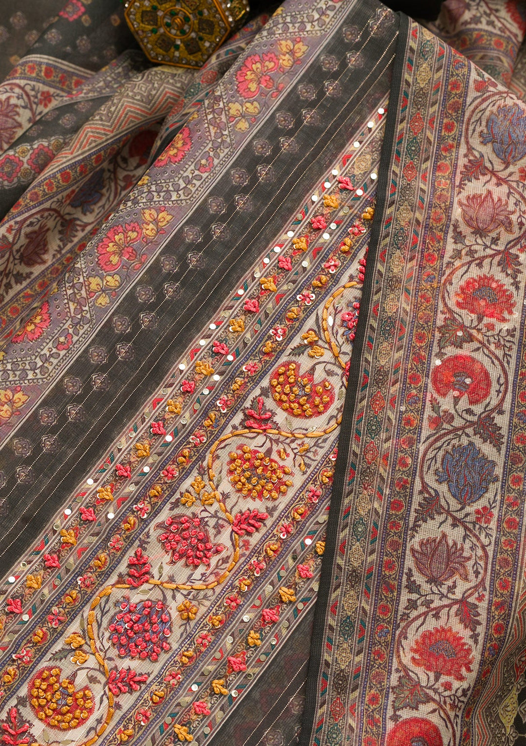 Grey Threadwork Chanderi Unstitched Salwar Suit-Koskii