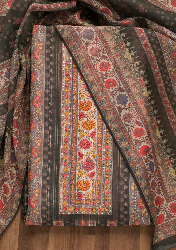 Grey Threadwork Chanderi Unstitched Salwar Suit-Koskii