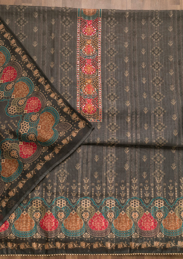Grey Threadwork Chanderi Unstitched Salwar Suit-Koskii