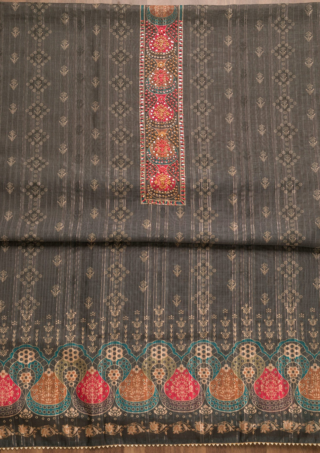 Grey Threadwork Chanderi Unstitched Salwar Suit-Koskii