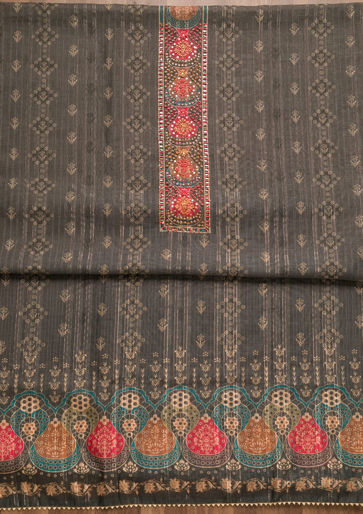 Grey Threadwork Chanderi Unstitched Salwar Suit-Koskii