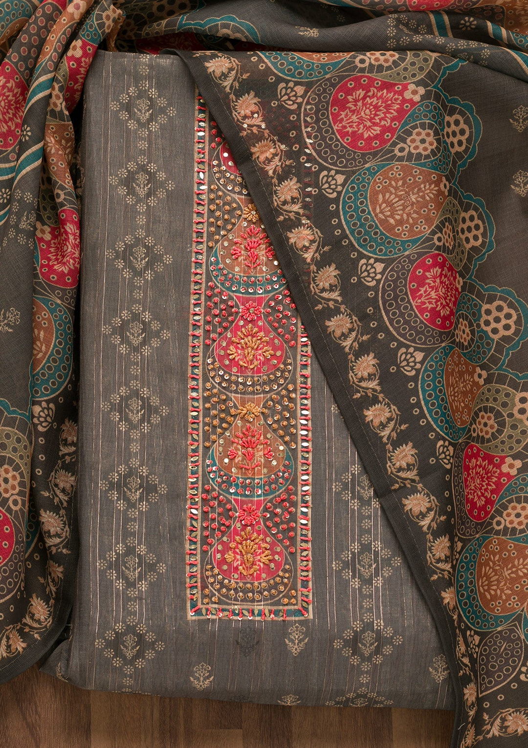 Grey Threadwork Chanderi Unstitched Salwar Suit-Koskii