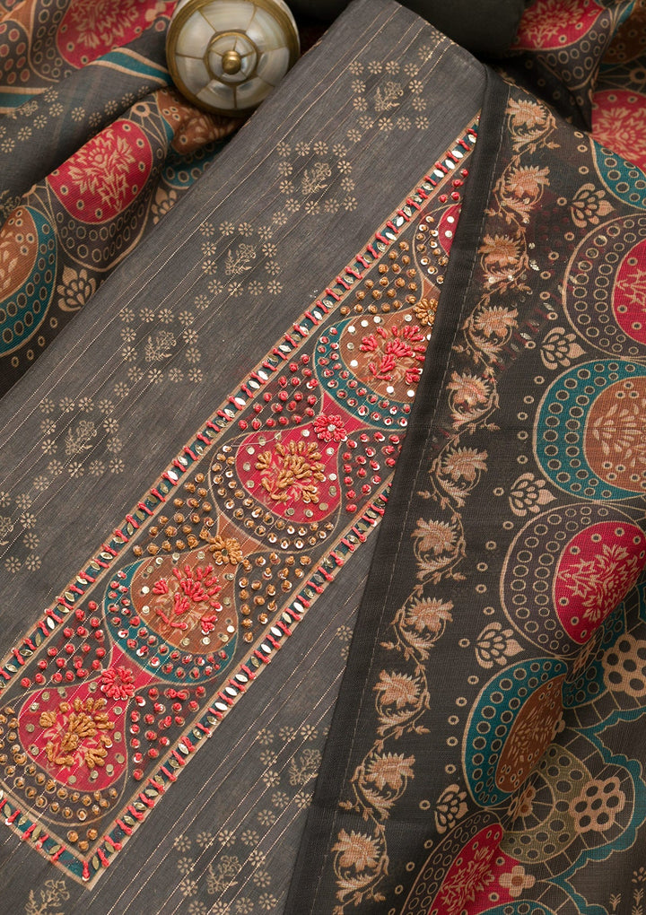 Grey Threadwork Chanderi Unstitched Salwar Suit-Koskii
