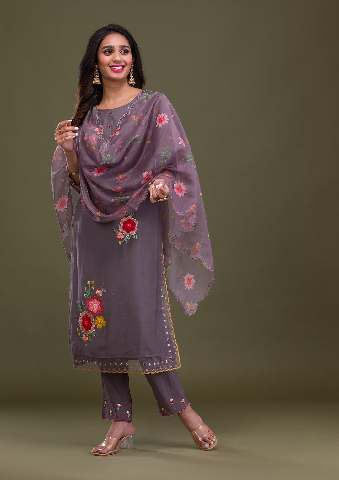 Grey Threadwork Cotton Readymade Sharara Kameez