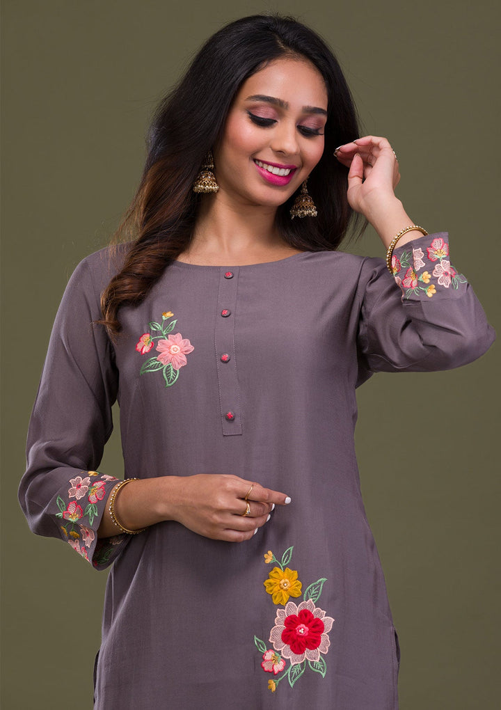 Grey Threadwork Cotton Readymade Sharara Kameez