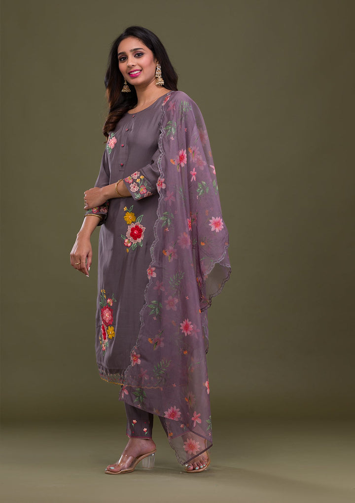 Grey Threadwork Cotton Readymade Sharara Kameez