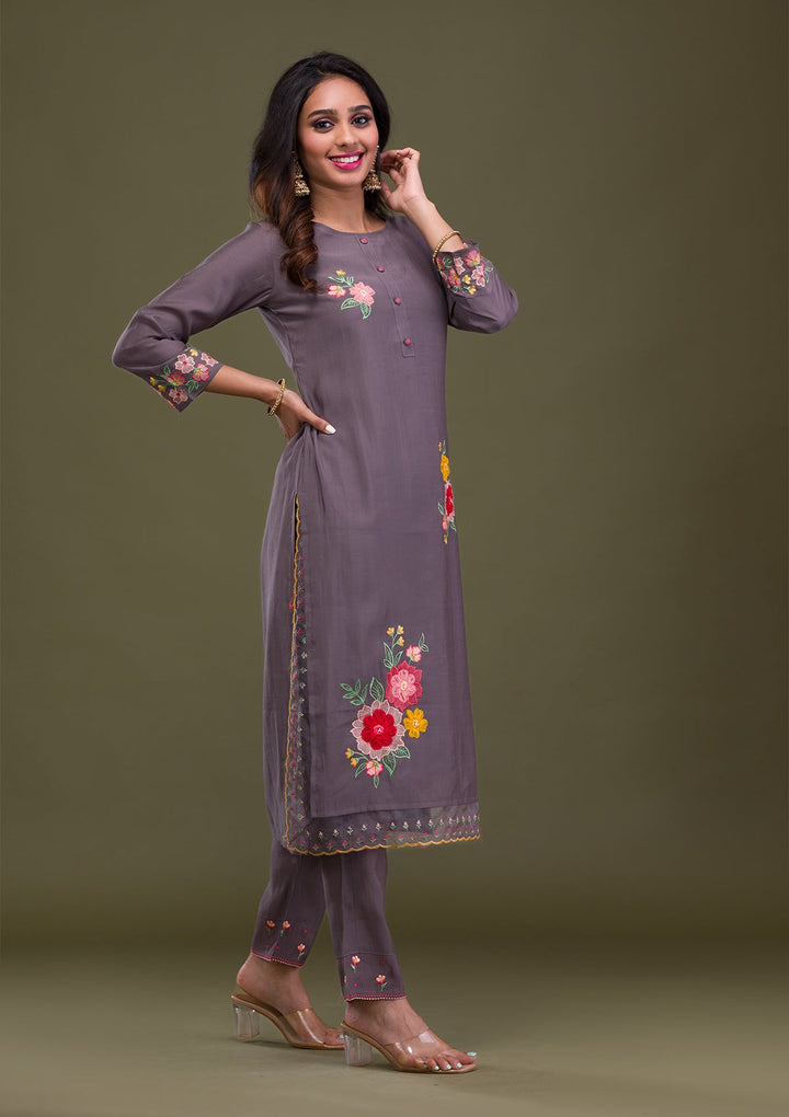 Grey Threadwork Cotton Readymade Sharara Kameez