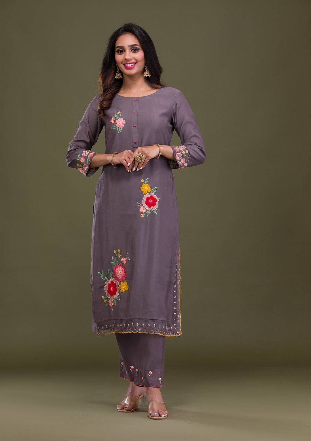 Grey Threadwork Cotton Readymade Sharara Kameez