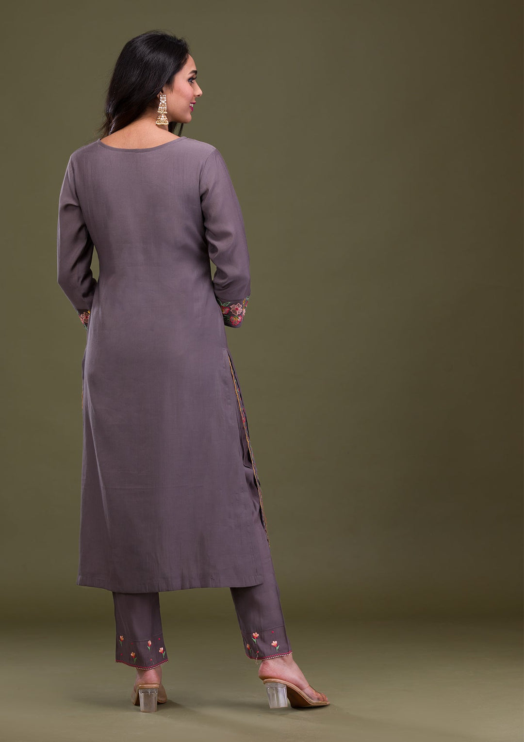 Grey Threadwork Cotton Readymade Sharara Kameez