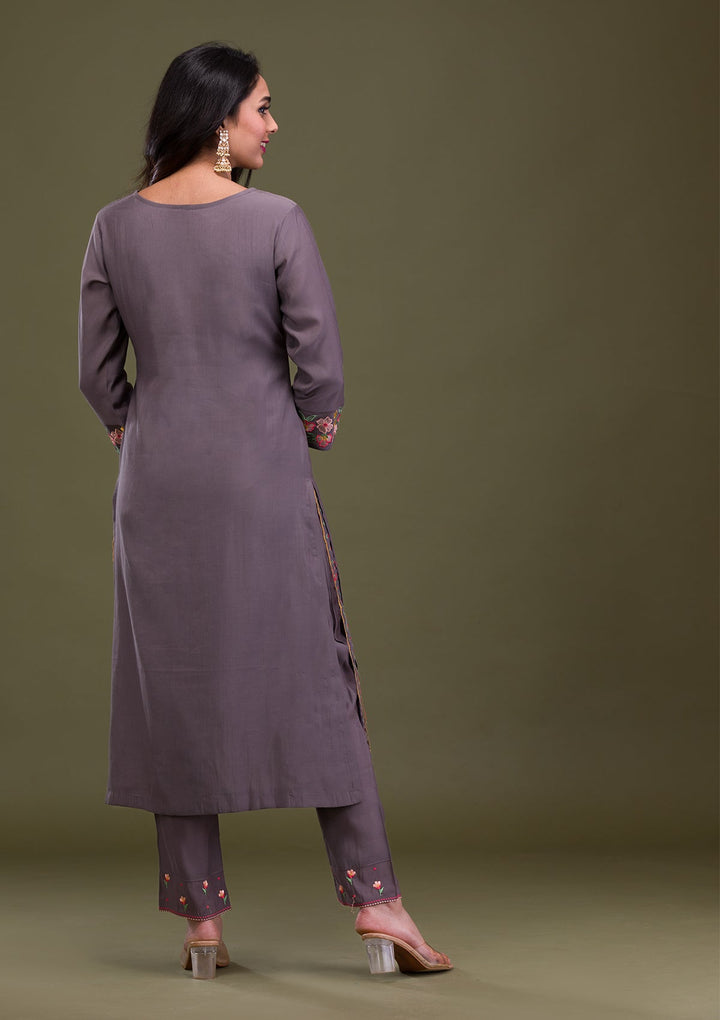 Grey Threadwork Cotton Readymade Sharara Kameez