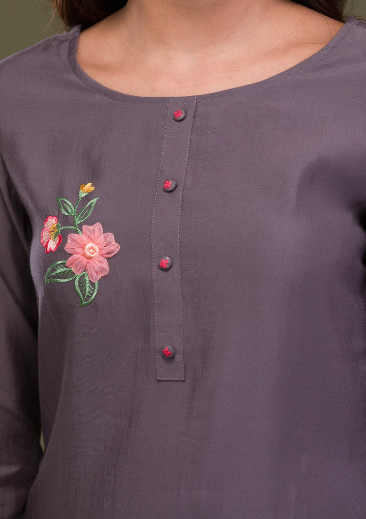 Grey Threadwork Cotton Readymade Sharara Kameez