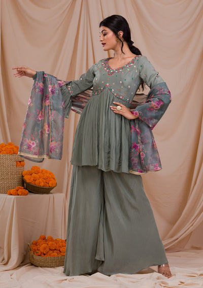 Grey Threadwork Crepe Readymade Salwar Suit-Koskii