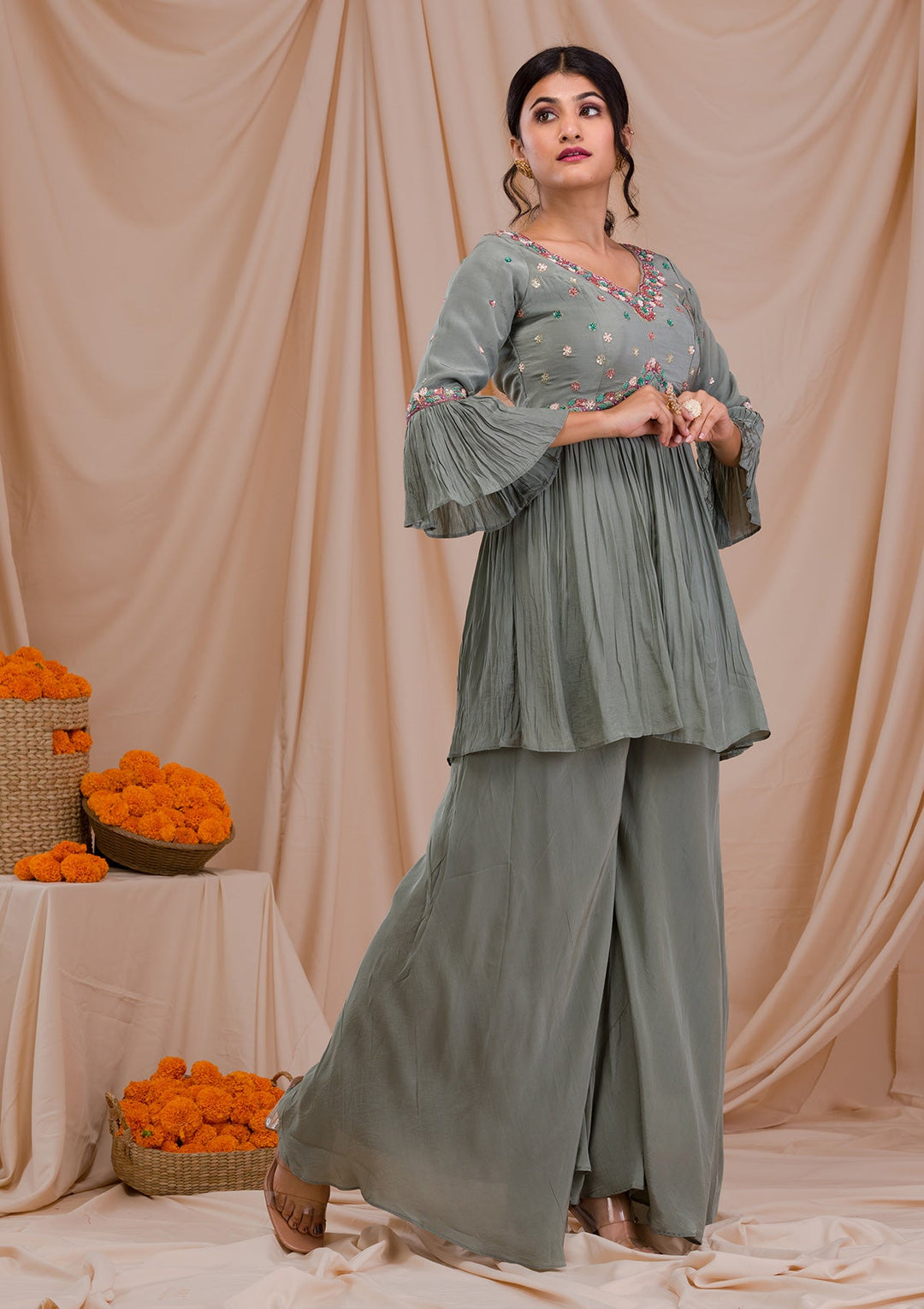 Grey Threadwork Crepe Readymade Salwar Suit-Koskii