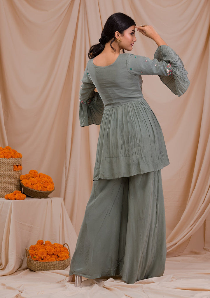 Grey Threadwork Crepe Readymade Salwar Suit-Koskii