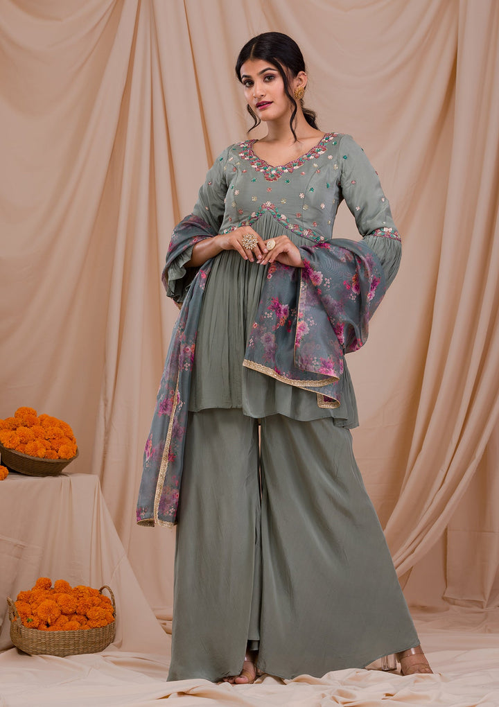Grey Threadwork Crepe Readymade Salwar Suit-Koskii