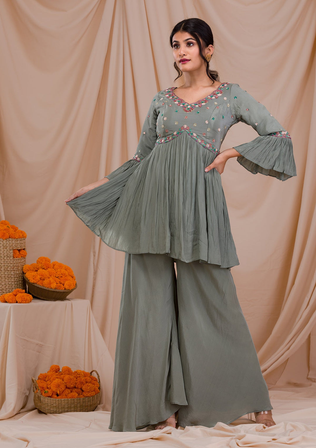 Grey Threadwork Crepe Readymade Salwar Suit-Koskii