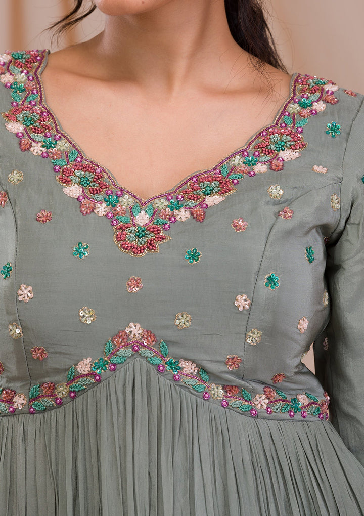 Grey Threadwork Crepe Readymade Salwar Suit-Koskii