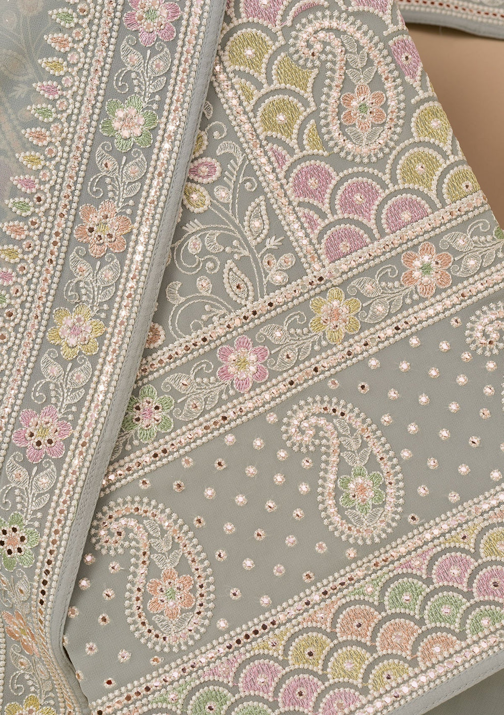 Grey Threadwork Georgette Unstitched Salwar Suit-Koskii