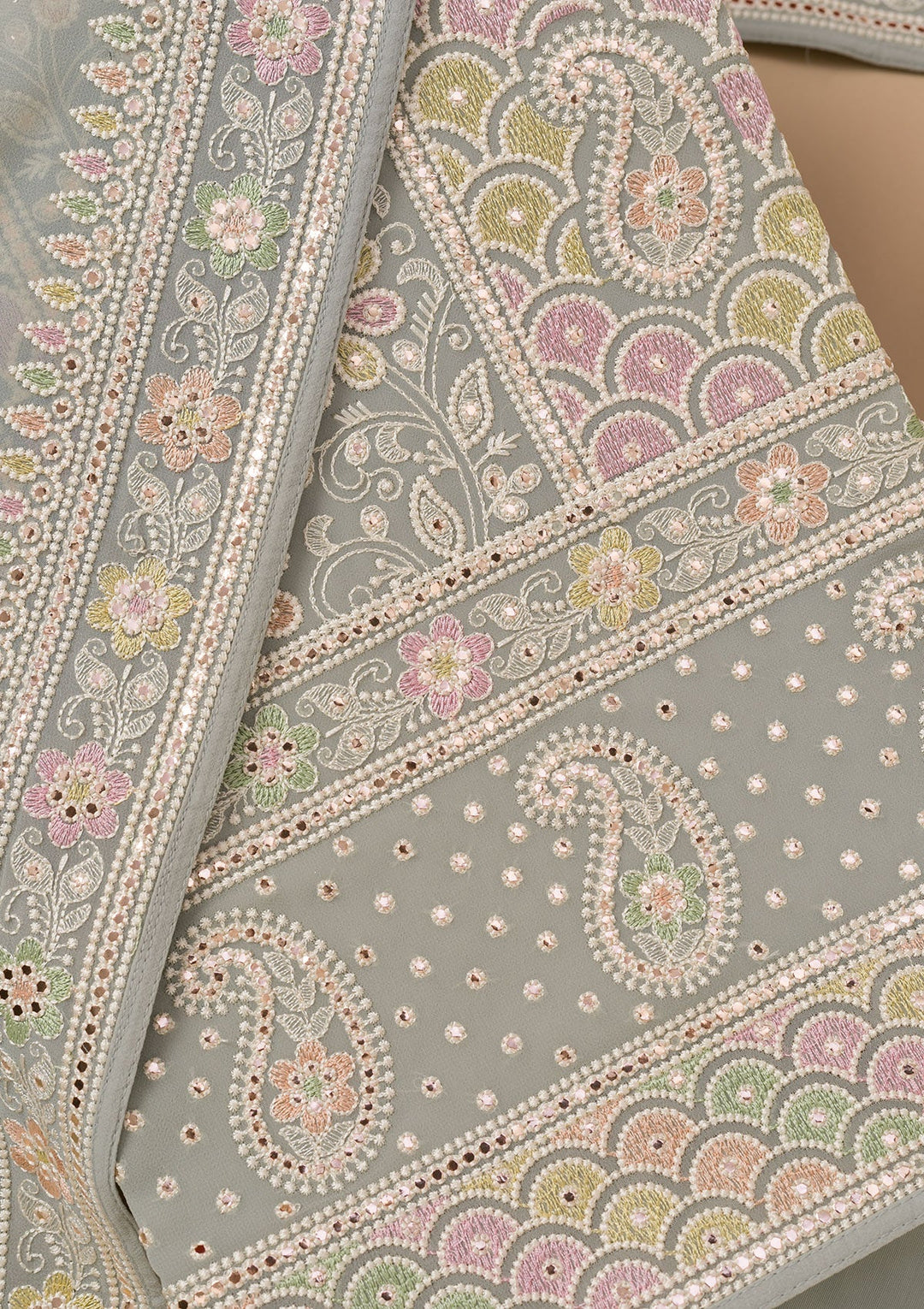 Grey Threadwork Georgette Unstitched Salwar Suit-Koskii