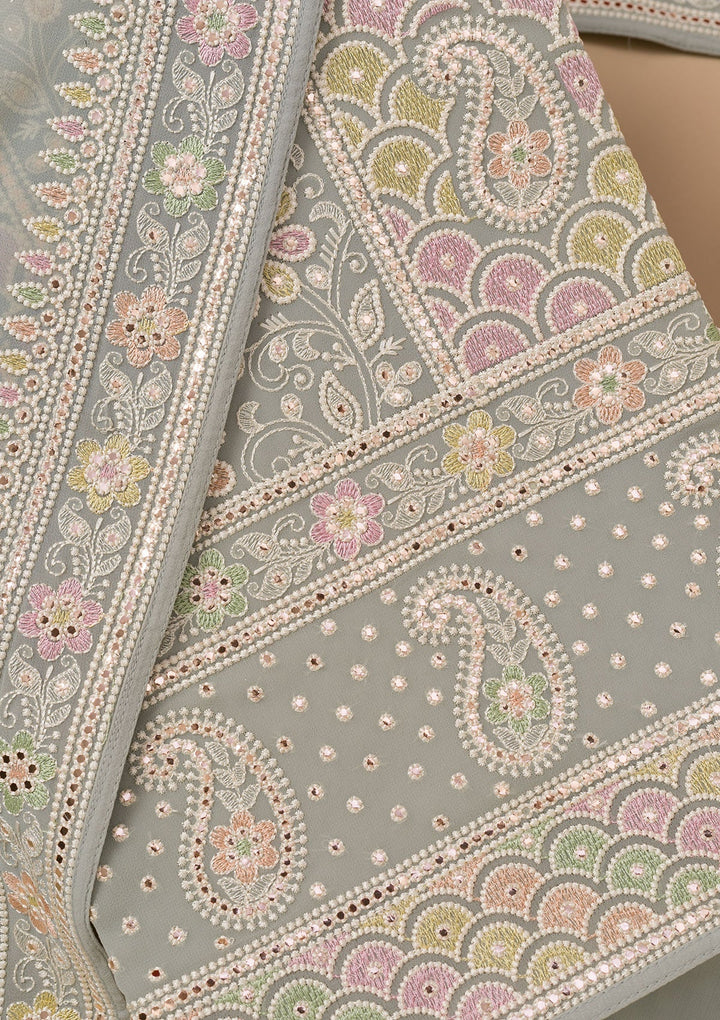 Grey Threadwork Georgette Unstitched Salwar Suit-Koskii