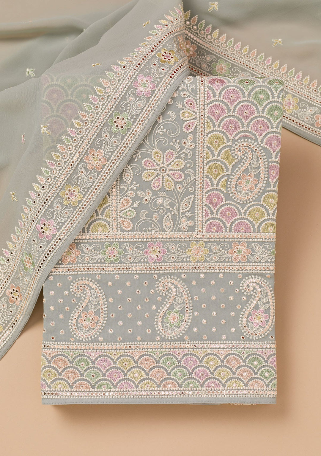 Grey Threadwork Georgette Unstitched Salwar Suit-Koskii