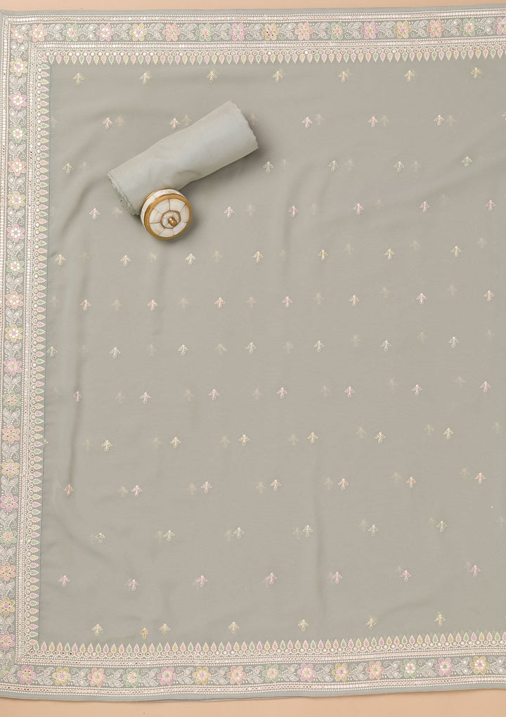 Grey Threadwork Georgette Unstitched Salwar Suit-Koskii