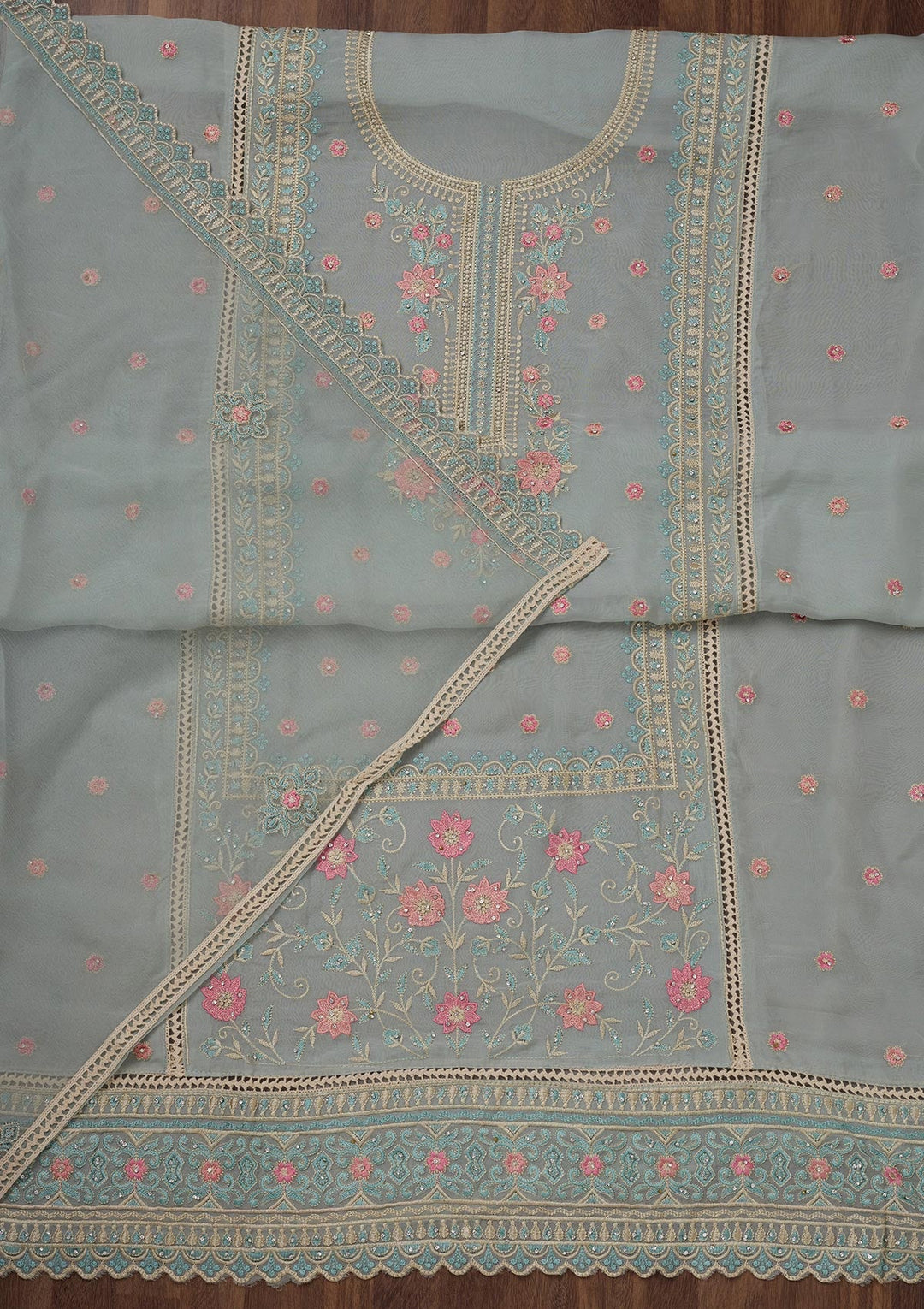 Grey Threadwork Georgette Unstitched Salwar Suit-Koskii