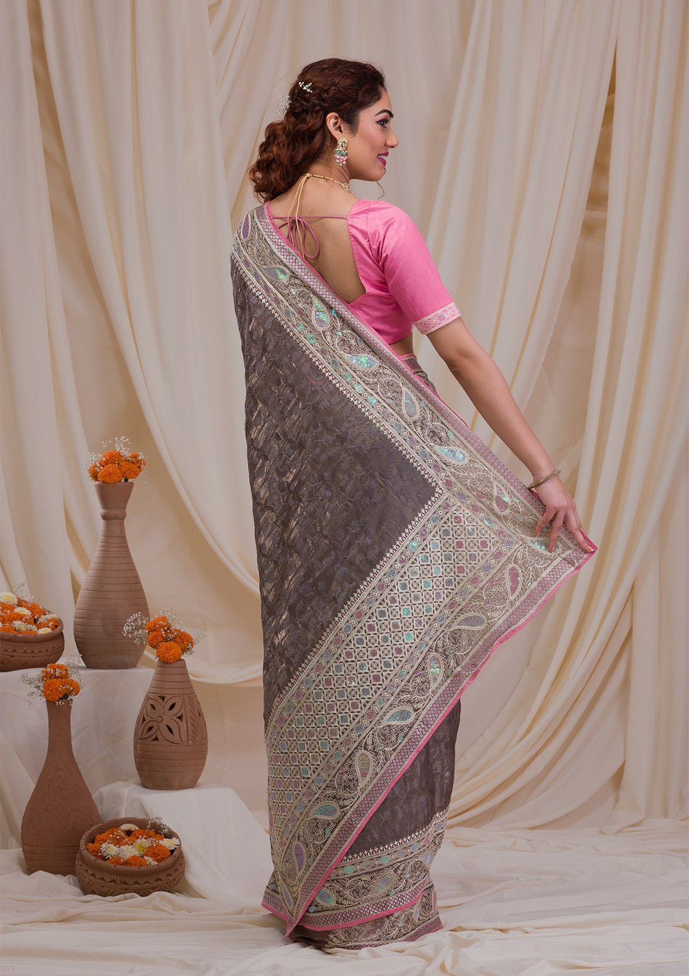 Grey Threadwork Georgette Saree-Koskii