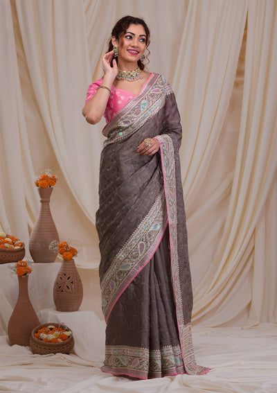 Grey Threadwork Georgette Saree-Koskii