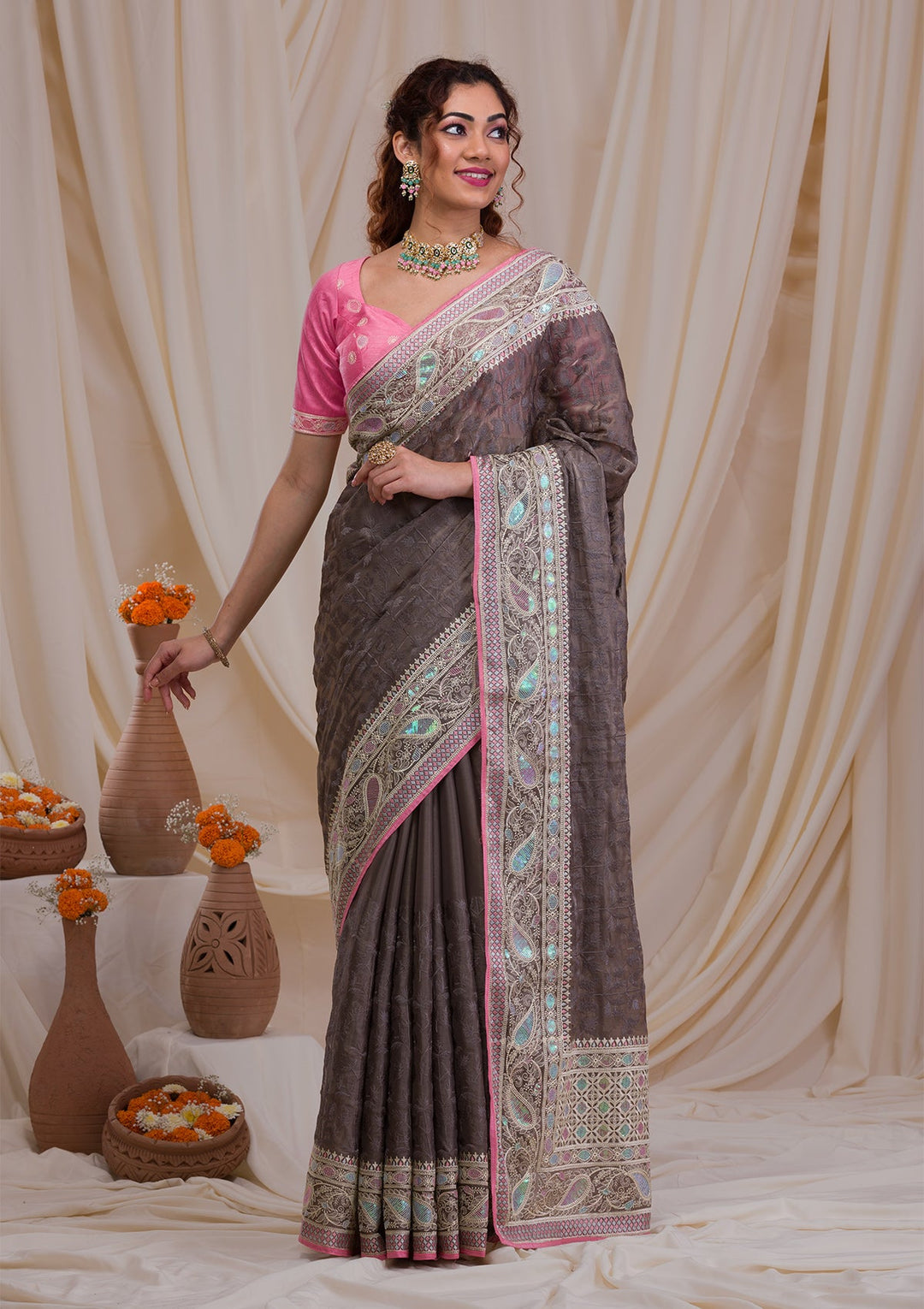 Grey Threadwork Georgette Saree-Koskii