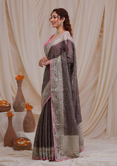 Grey Threadwork Georgette Saree-Koskii