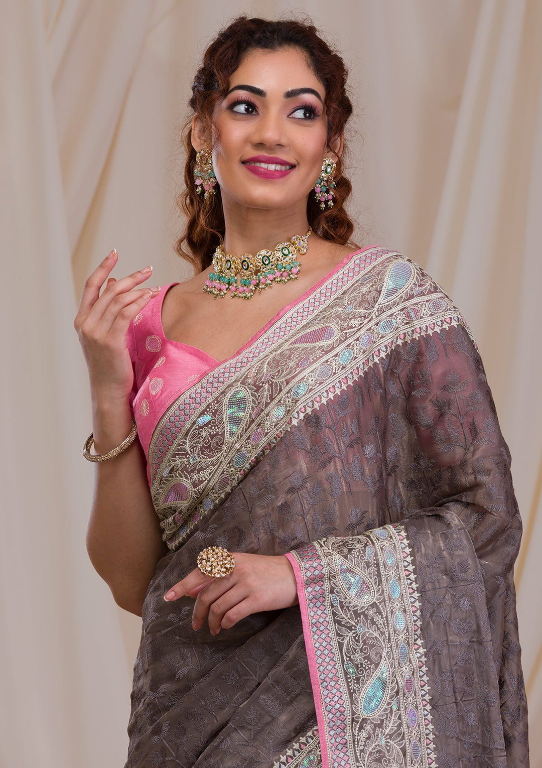 Grey Threadwork Georgette Saree-Koskii