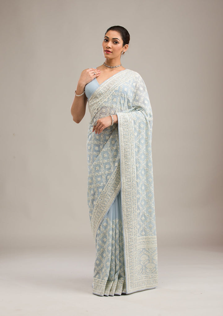 Grey Threadwork Georgette Saree-Koskii