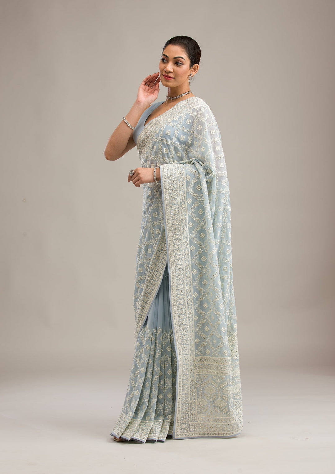 Grey Threadwork Georgette Saree-Koskii