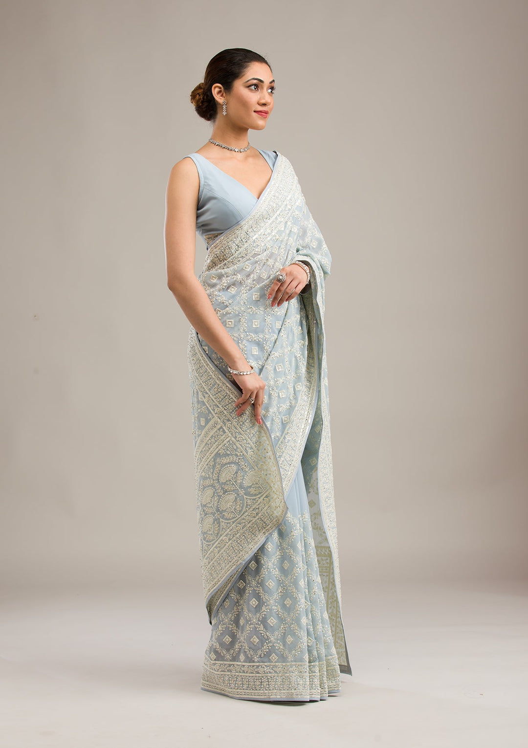 Grey Threadwork Georgette Saree-Koskii