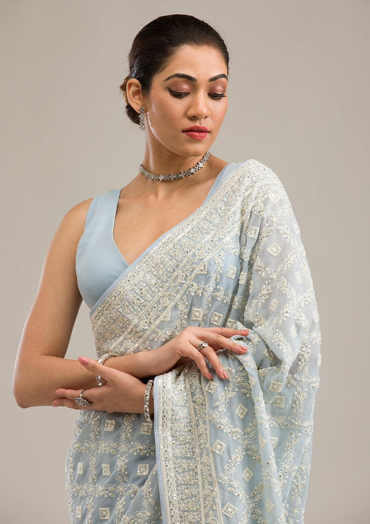 Grey Threadwork Georgette Saree-Koskii