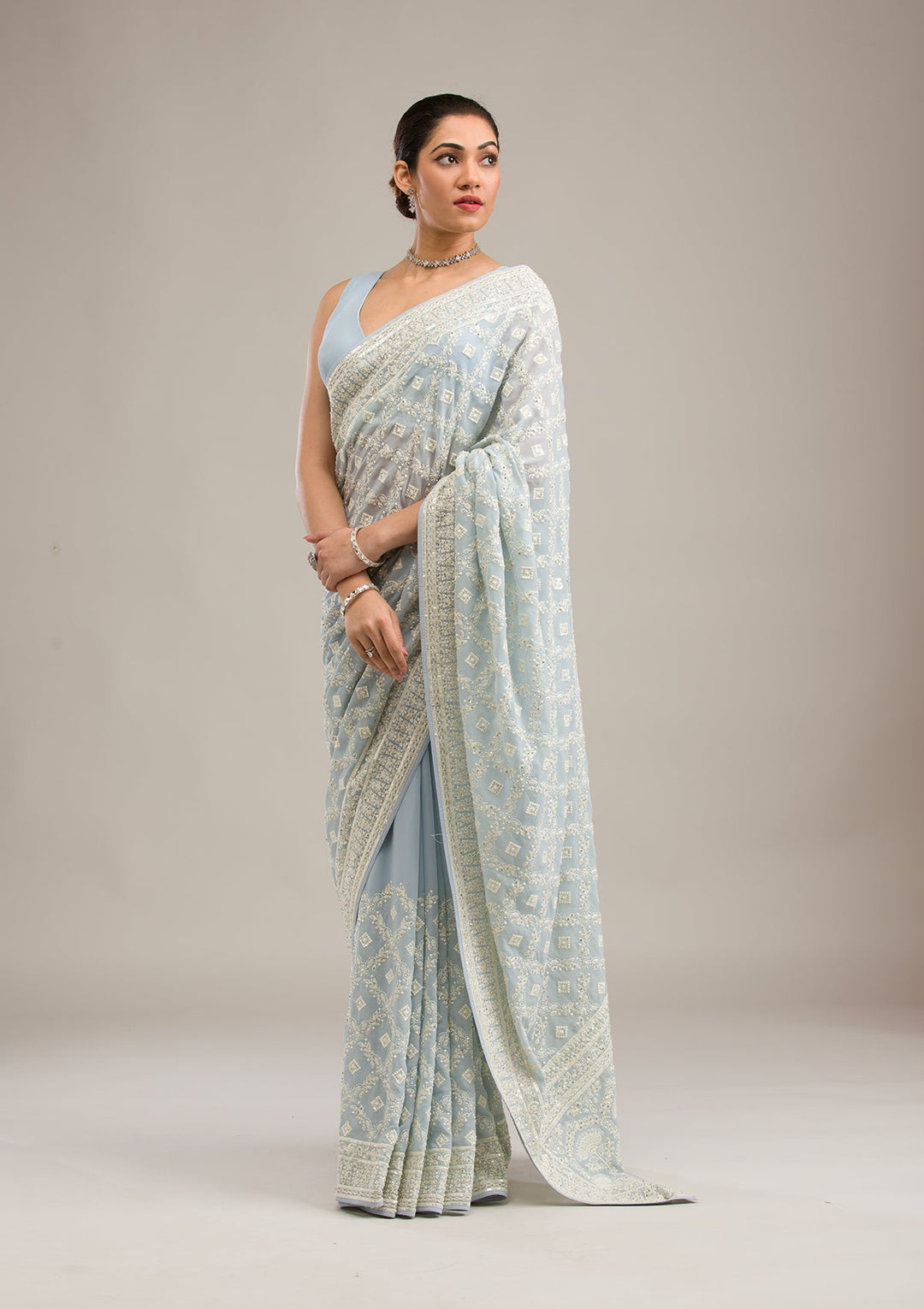 Grey Threadwork Georgette Saree-Koskii