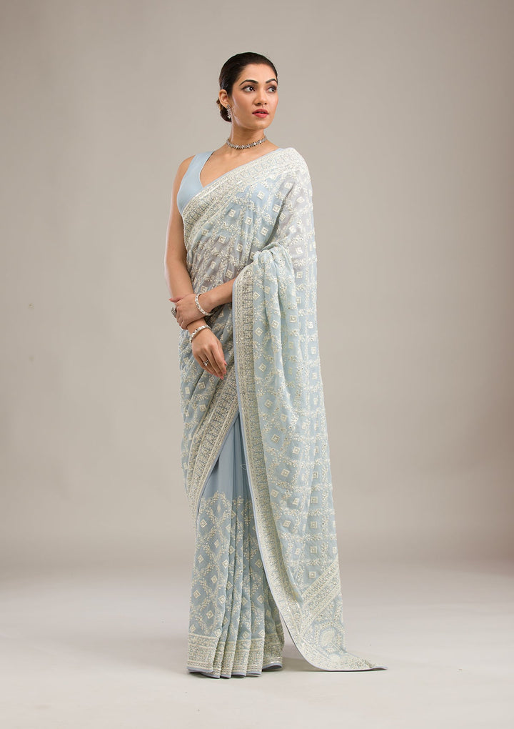 Grey Threadwork Georgette Saree-Koskii