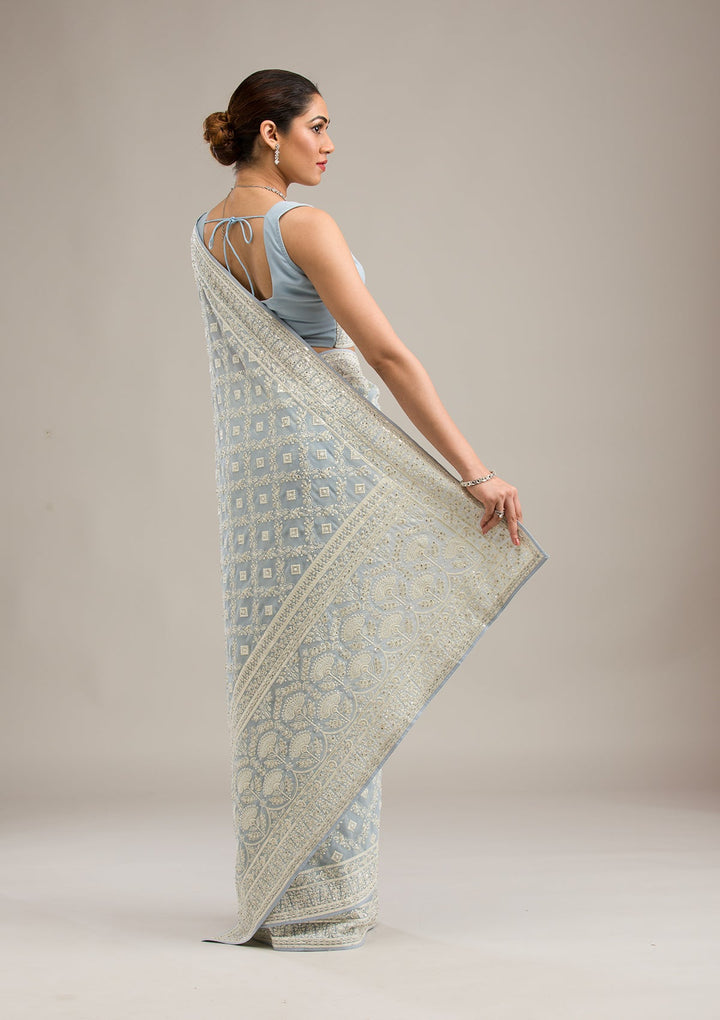 Grey Threadwork Georgette Saree-Koskii