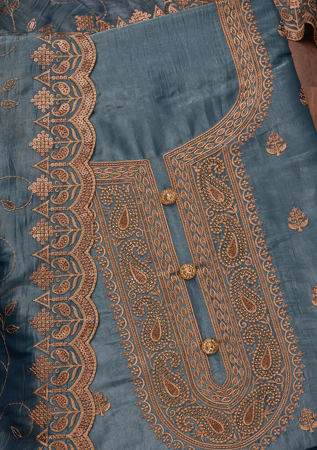 Grey Threadwork Raw Silk Unstitched Salwar Suit