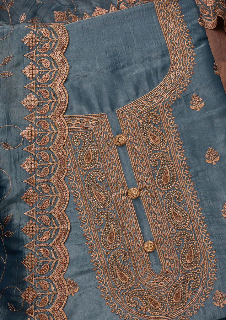 Grey Threadwork Raw Silk Unstitched Salwar Suit