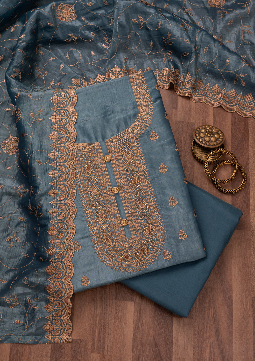 Grey Threadwork Raw Silk Unstitched Salwar Suit