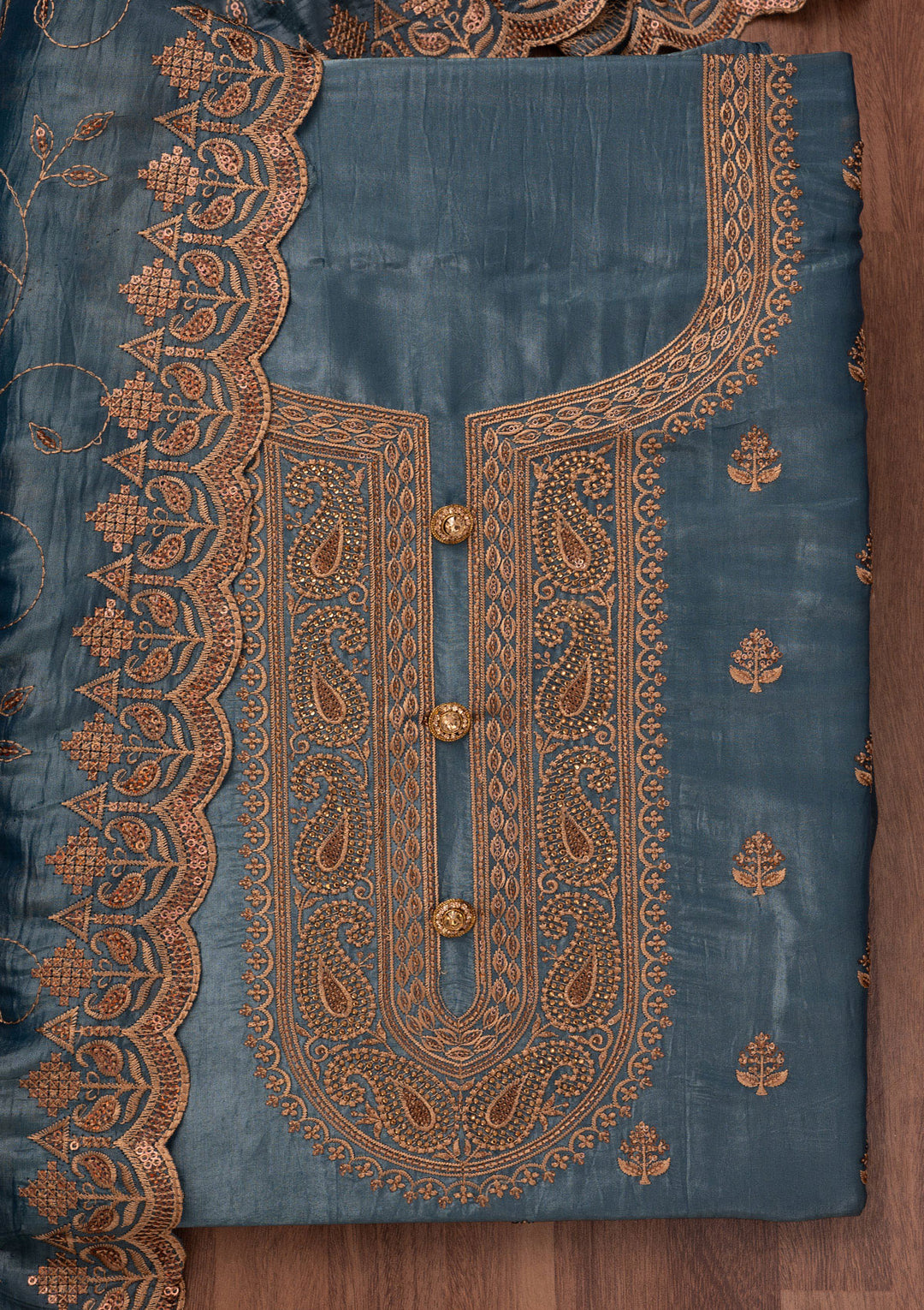 Grey Threadwork Raw Silk Unstitched Salwar Suit